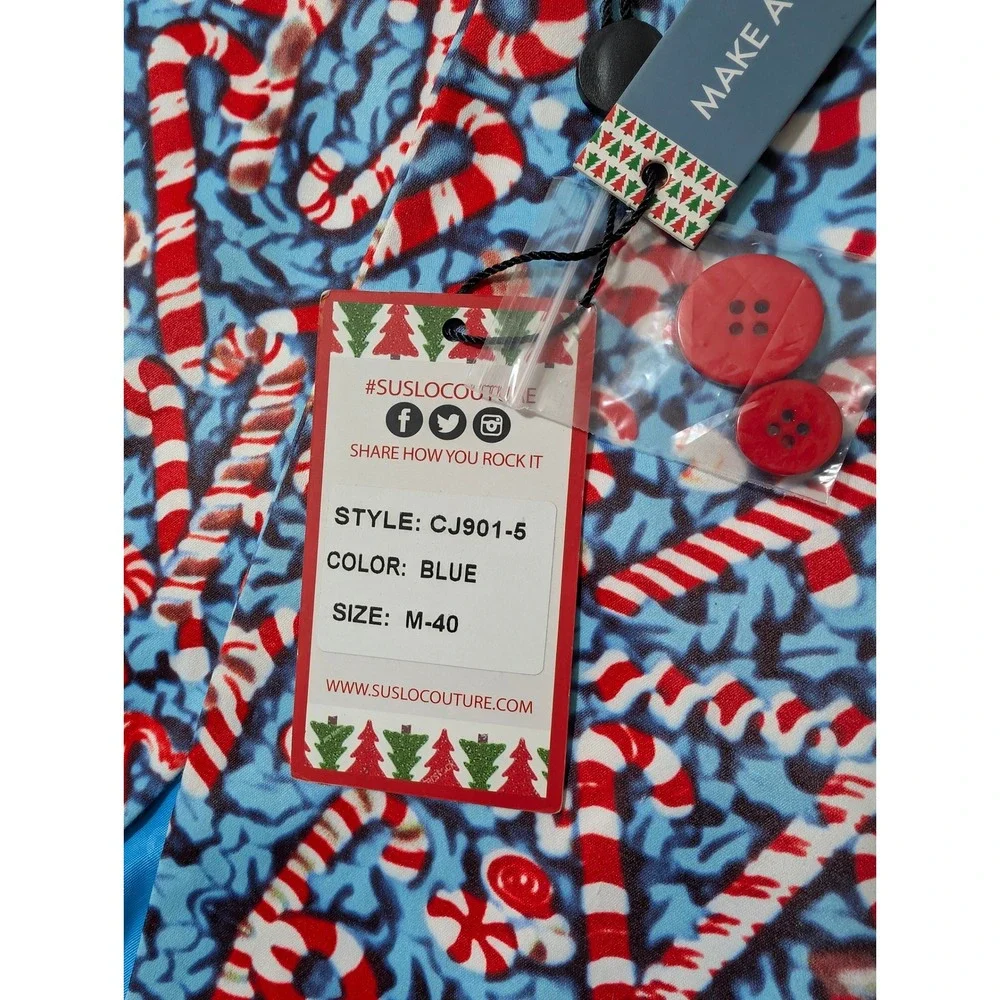 NEW! Suslo Couture Blazer Mens Med Blue Candy Cane Christmas Holiday CJ901-5 NWT